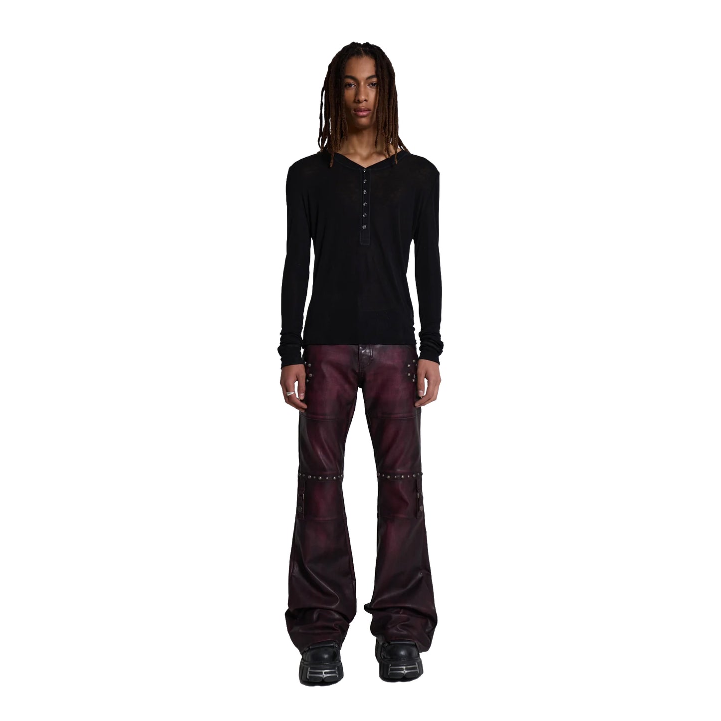 Burgundy Studded Faux Leather Drift Trousers